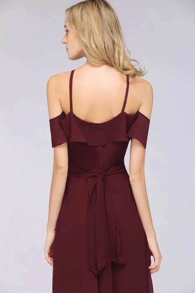 Spaghetti-Straps Sleeveless Ruffles Floor-Length Bridesmaid Dress with Bow Sash