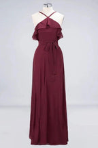 Spaghetti-Straps Sleeveless Ruffles Floor-Length Bridesmaid Dress with Bow Sash