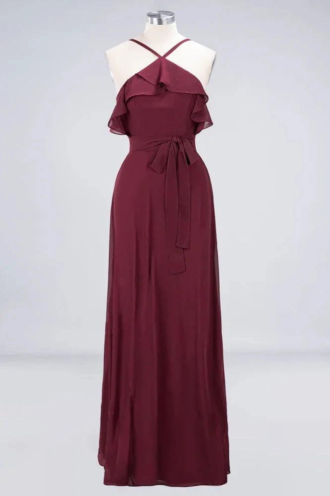 Spaghetti-Straps Sleeveless Ruffles Floor-Length Bridesmaid Dress with Bow Sash
