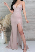 Spaghetti Straps V Neck Sequined High-Split Mermaid Prom Dresses