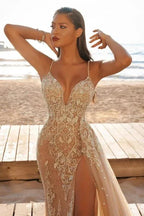 Spaghetti Straps V Neck Tulle Appliques Lace High-Split Mermaid Prom Dresses