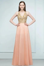 Spaghetti V-neck A-line Floor Length Appliqued Chiffon Bridesmaid Dresses