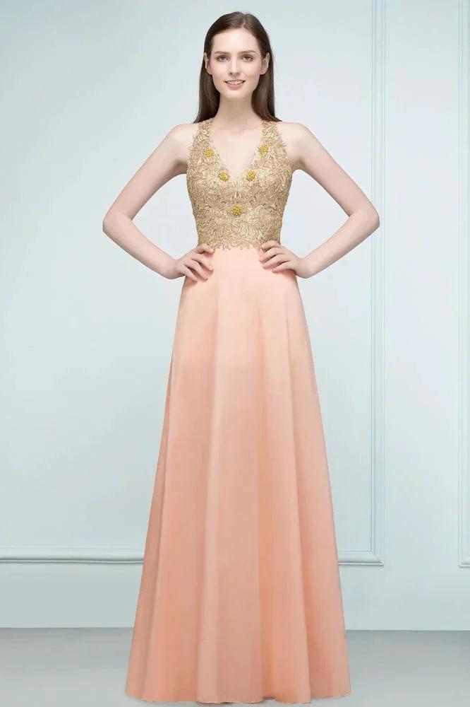 Spaghetti V-neck A-line Floor Length Appliqued Chiffon Bridesmaid Dresses