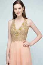 Spaghetti V-neck A-line Floor Length Appliqued Chiffon Bridesmaid Dresses