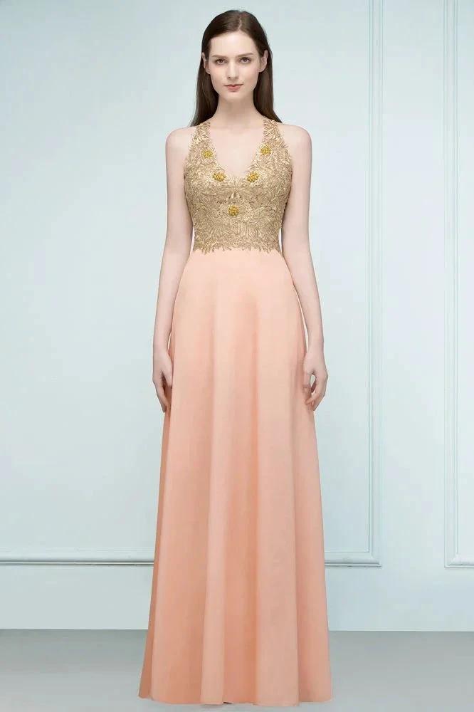 Spaghetti V-neck A-line Floor Length Appliqued Chiffon Bridesmaid Dresses
