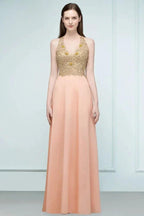 Spaghetti V-neck A-line Floor Length Appliqued Chiffon Bridesmaid Dresses