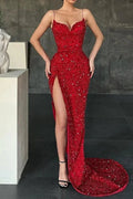 Sparkle Sexy Sleeveless Red Crystal Mermaid Split Prom Dresses