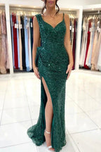 Sparkly Dark Green Long Prom Dresses Glitter Evening Dress With Slit