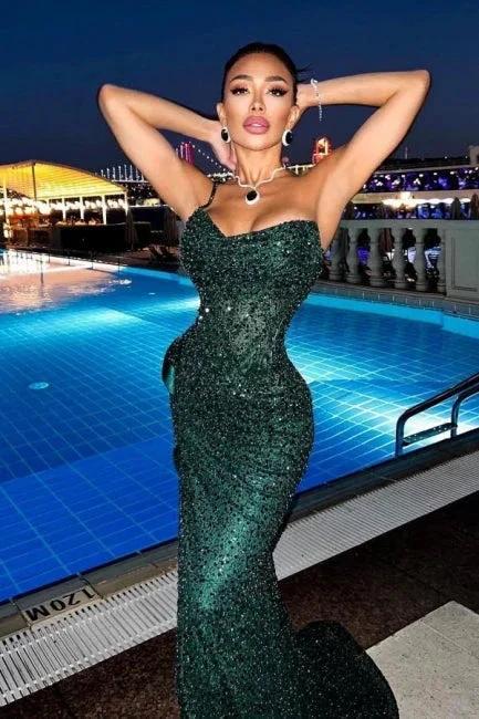 Sparkly Dark Green Spaghetti Straps Long Mermaid Prom Dresses Evening Gowns With Slit