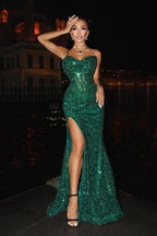 Sparkly Dark Green Spaghetti Straps Long Mermaid Prom Dresses Evening Gowns With Slit