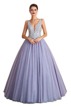 Sparkly Double V-Neck Aline Ball Gown Crystals Tulle Floor Length Party Dress