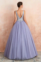 Sparkly Double V-Neck Aline Ball Gown Crystals Tulle Floor Length Party Dress