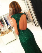 Sparkly Long Mermaid Bateau Sequins Open Back Prom Dress With Slit