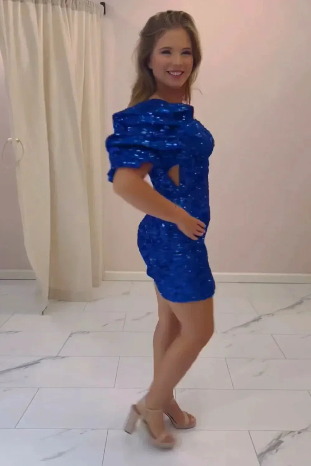 Sparkly Royal Blue One Shoulder Sequins Short Homecoming Dress