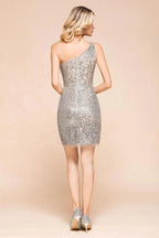 Sparkly Short Slim Cocktail Party Dress Sexy One Shoulder Mini Prom Dress
