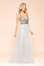 Sparkly V-Neck Aline Evening Dress Floor Length Sleeveless Wedding Party Dress
