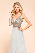 Sparkly V-Neck Aline Evening Dress Floor Length Sleeveless Wedding Party Dress