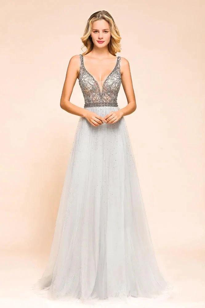 Sparkly V-Neck Aline Evening Dress Floor Length Sleeveless Wedding Party Dress