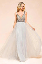 Sparkly V-Neck Aline Evening Dress Floor Length Sleeveless Wedding Party Dress