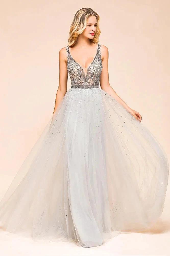 Sparkly V-Neck Aline Evening Dress Floor Length Sleeveless Wedding Party Dress