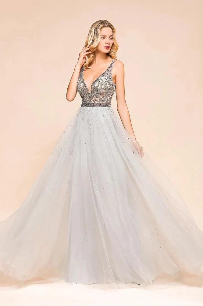 Sparkly V-Neck Aline Evening Dress Floor Length Sleeveless Wedding Party Dress
