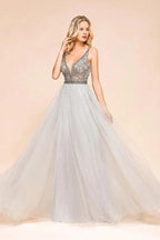 Sparkly V-Neck Aline Evening Dress Floor Length Sleeveless Wedding Party Dress