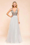 Sparkly V-Neck Aline Evening Dress Floor Length Sleeveless Wedding Party Dress