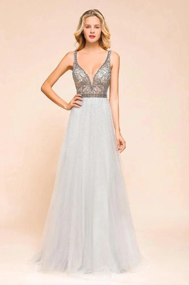 Sparkly V-Neck Aline Evening Dress Floor Length Sleeveless Wedding Party Dress