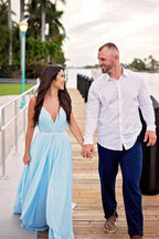 Split Sky Blue Rustic Wedding Dresses Beach Wedding Gown with Court Train  WD289
