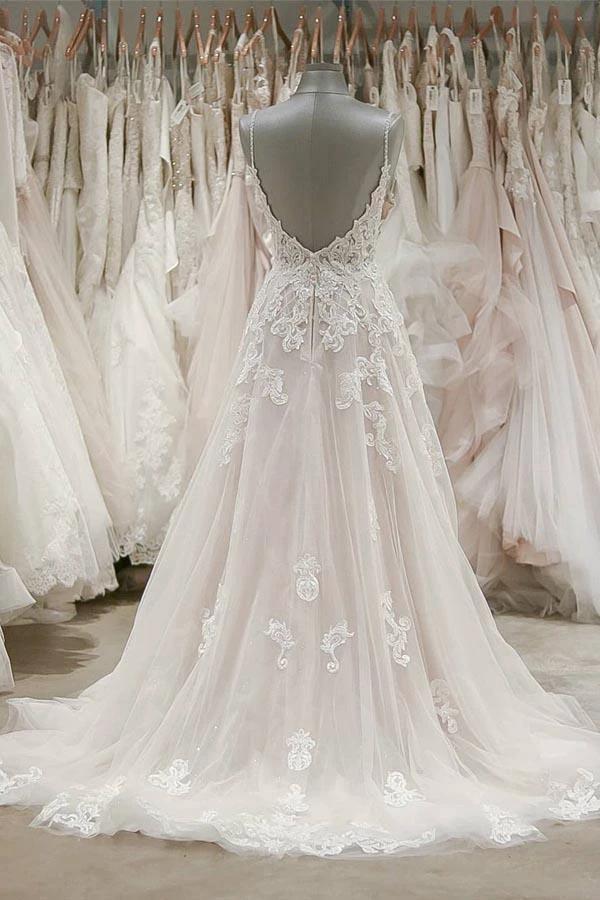 Strap V Neck Beach Wedding Dresses Backless Ivory Tulle Wedding Dress  WD309