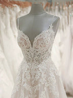 Strap V Neck Beach Wedding Dresses Backless Ivory Tulle Wedding Dress  WD309