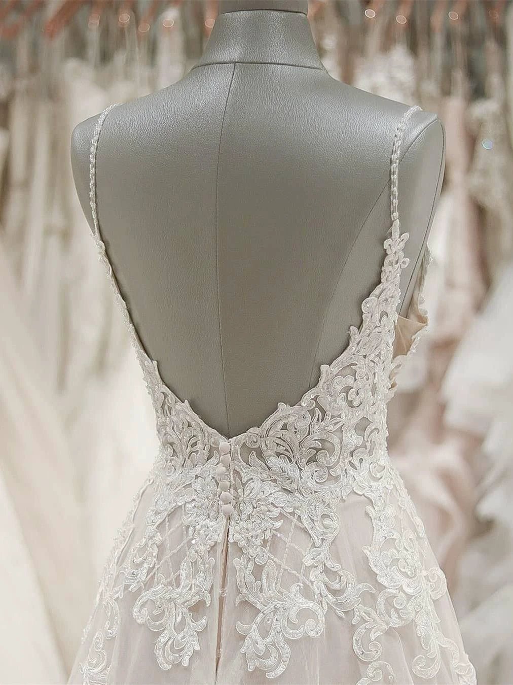 Strap V Neck Beach Wedding Dresses Backless Ivory Tulle Wedding Dress  WD309
