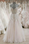 Strap V Neck Beach Wedding Dresses Backless Ivory Tulle Wedding Dress  WD309