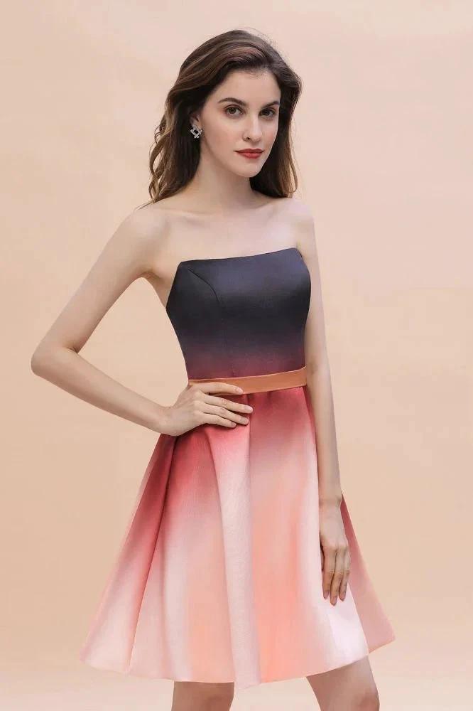 Strapless Gradient Satin Mini Party Dress Knee Length Homecoming Dress