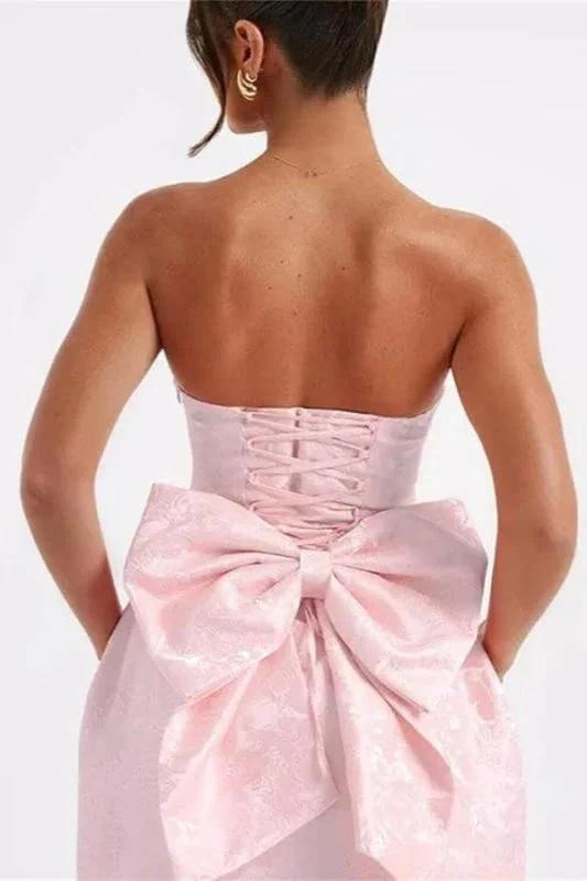 Chic Sleeveless Ruched Satin Floral Jacquard Mini Homecoming Dress with Bow
