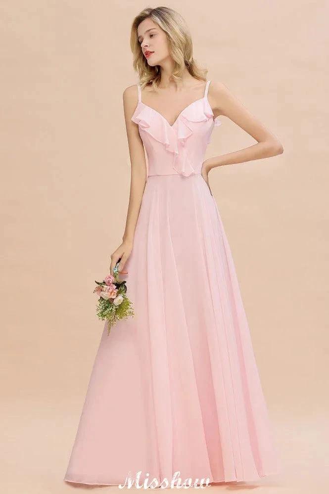 Straps Sweetheart Pink Bridesmaid Dress Backless Chiffon Evening Party Dress