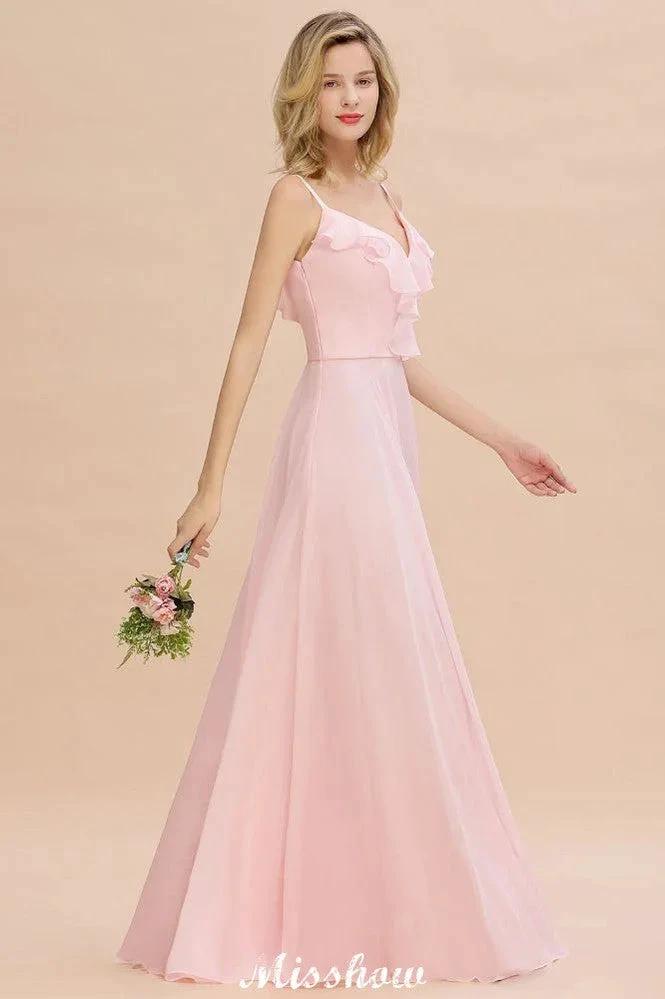 Straps Sweetheart Pink Bridesmaid Dress Backless Chiffon Evening Party Dress