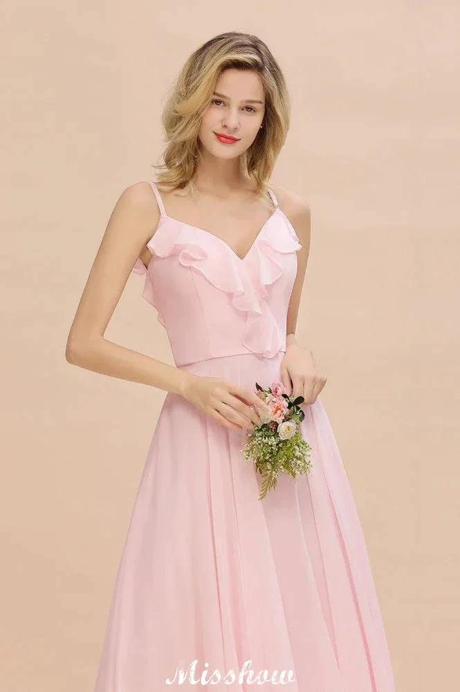 Straps Sweetheart Pink Bridesmaid Dress Backless Chiffon Evening Party Dress