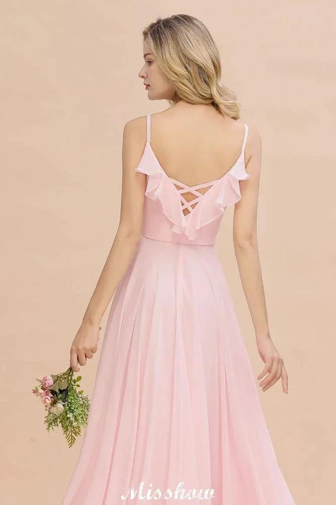 Straps Sweetheart Pink Bridesmaid Dress Backless Chiffon Evening Party Dress