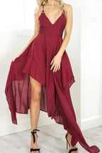 Straps V Neck Burgundy High Low Party Dress Homecoming Dresses PD310