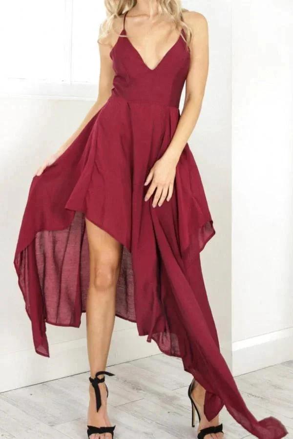 Straps V Neck Burgundy High Low Party Dress Homecoming Dresses PD310