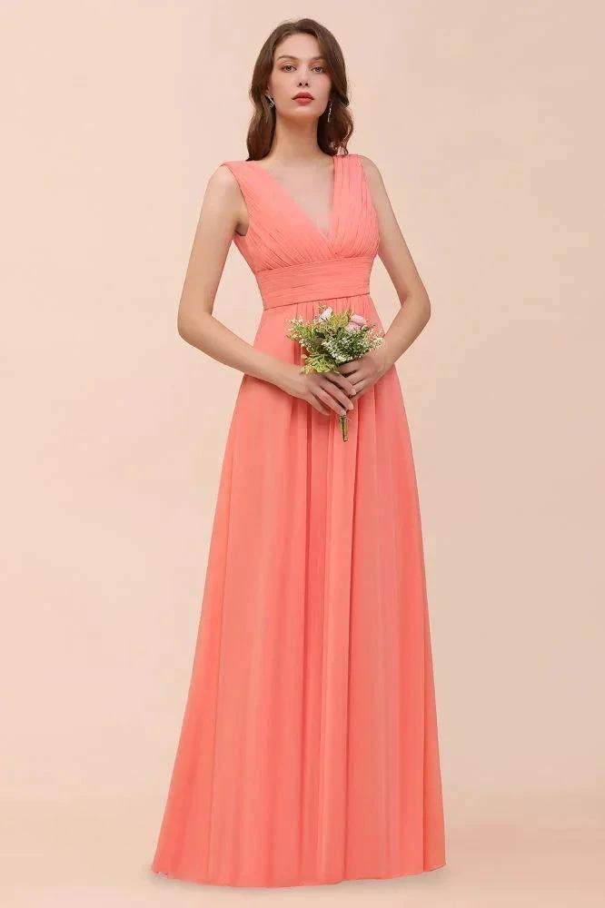 Straps V-Neck Floor Length Bridesmaid Dress Wedding Party Dress