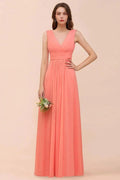 Straps V-Neck Floor Length Bridesmaid Dress Wedding Party Dress