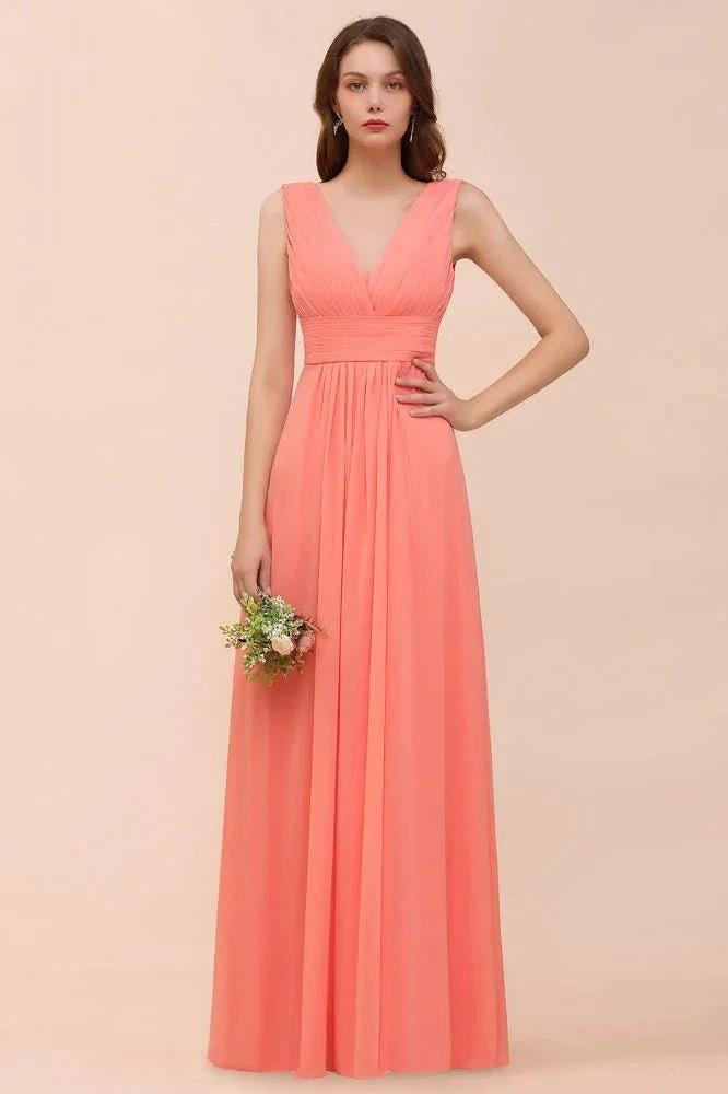 Straps V-Neck Floor Length Bridesmaid Dress Wedding Party Dress