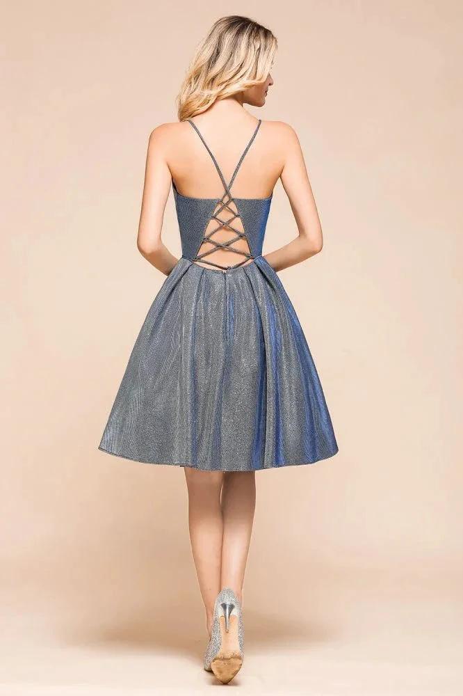 Stunning Double V-Neck Bright Silk Mini Party Dress Sleeveless Homecoming Dress