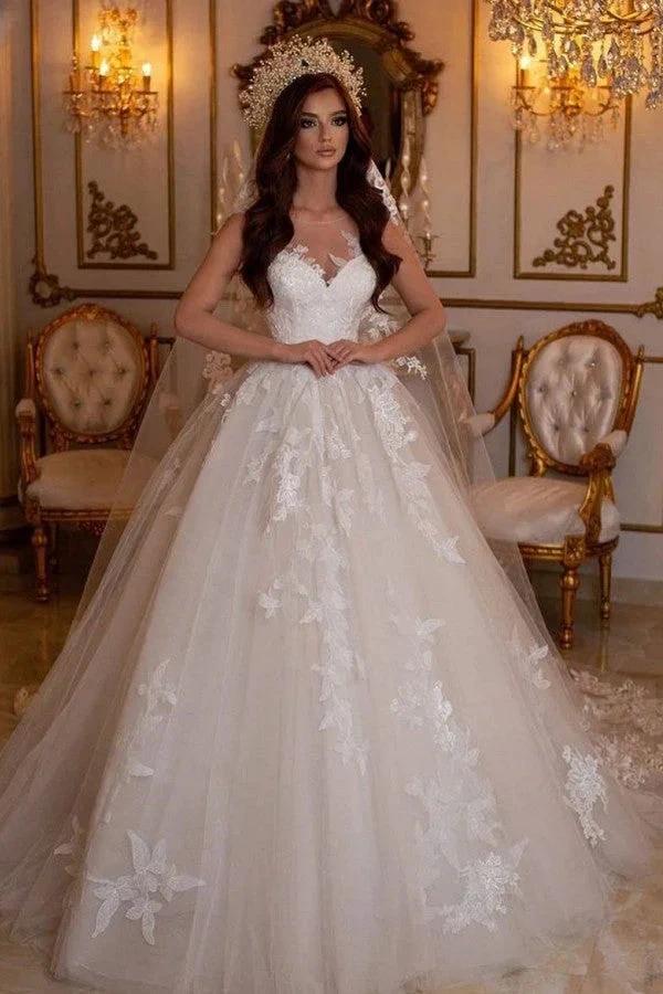 Stunning Long A-Line Bateau Tulle Wedding Dress With Appliques Lace