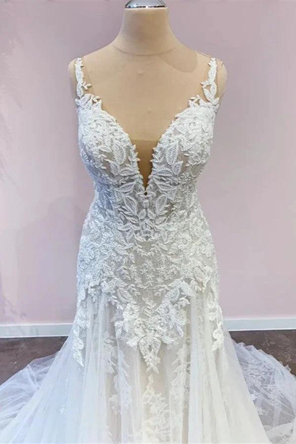 Stunning Long A-Line Tulle Sweetheart Appliques Lace Wedding Dress