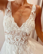 Stunning Long A-Line V-neck Backless Wedding Dress With Appliques Lace