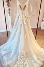 Stunning Long A-Line V-neck Tulle Floral Lace Wedding Dress