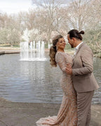 Stunning Long Mermaid V-neck Lace Front Slit Wedding Dress with Sleeves